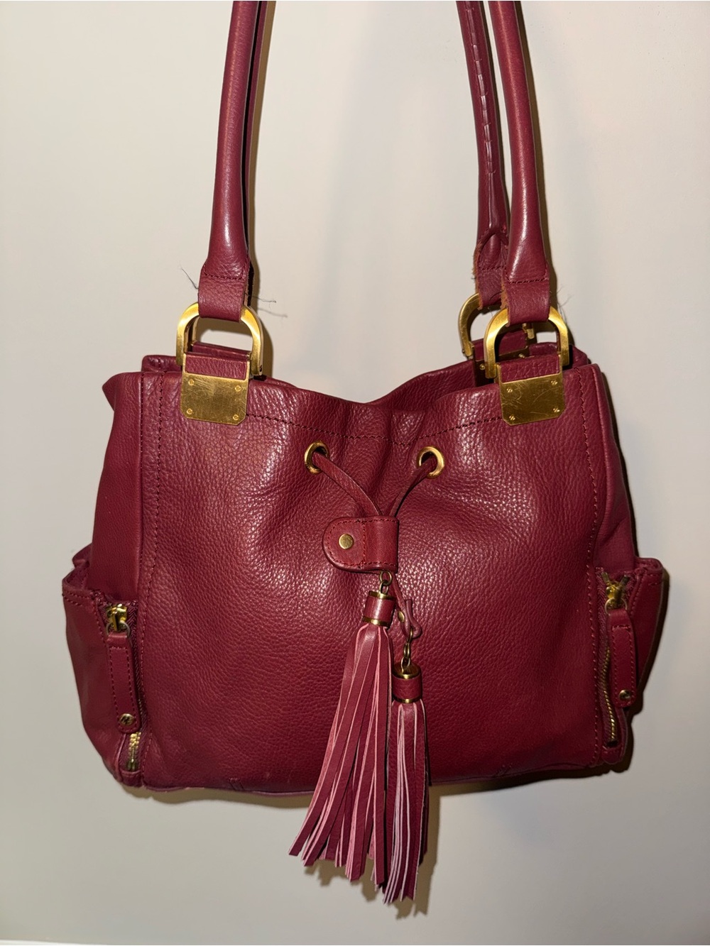 Pelle Studio Burgundy Leather Tassel Shoulder Bag